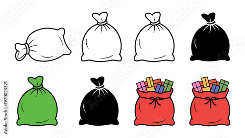 A practical collection of tied sacks and bags, some empty and some full of gifts.