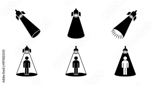 Various minimalist black icons showing stage spotlights illuminating a single person.