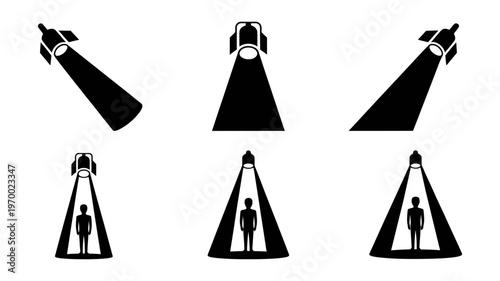 Abstract black silhouettes illustrating spotlights shining downwards onto various human figures.