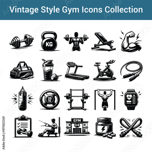 Vintage Gym and Fitness Icons Set – Bodybuilding Equipment, Workout Training and Strength Sports Collection