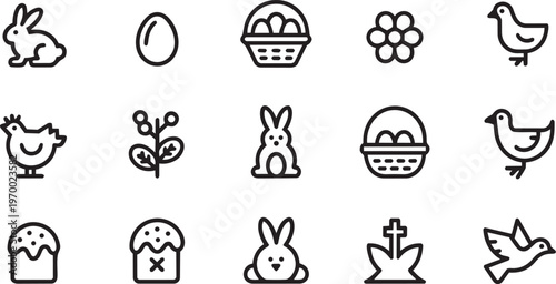 Outline Easter icons set for spring holidays