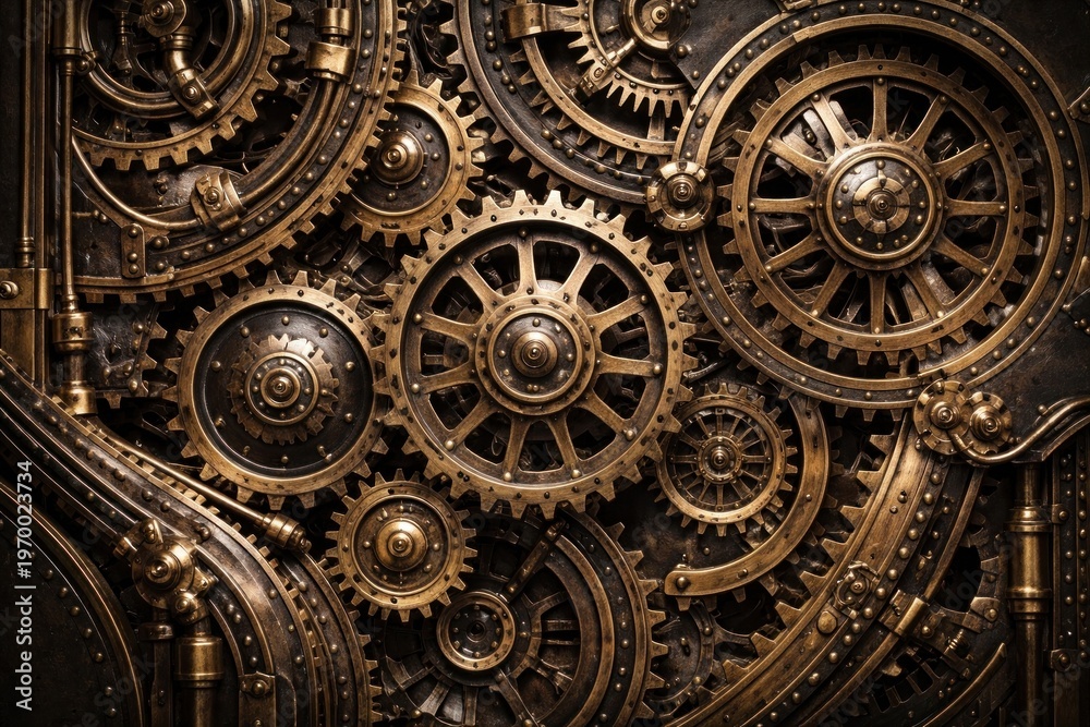 Obraz premium Intricate steampunk brass gears mechanism.