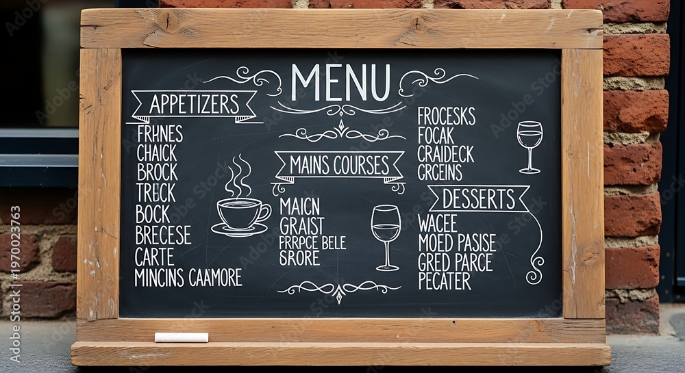 Obraz premium Chalkboard Menu Displaying Appetizers, Main Courses, and Desserts.