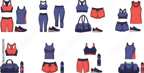 PrintSportswear outfits and gym accessories set fitness clothing shoes bags bottle active lifestyle vector illustration collection