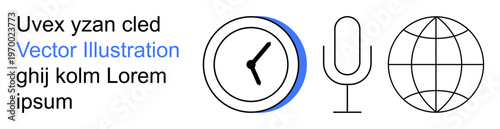 Media, global communication, productivity, broadcasting, time tracking, technology concepts. Minimalist clock, microphone globe illustrations. Media and global communication