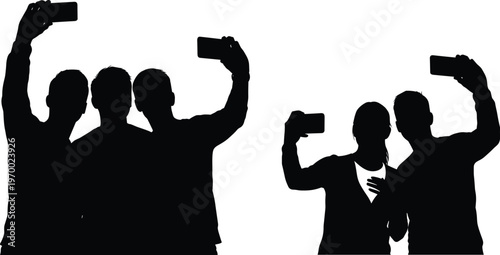 People taking selfie silhouettes with smartphone, friends capturing moments together isolated on white background, social media, communication, friendship, modern lifestyle, technology concept