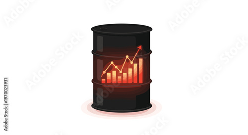 A sleek black oil barrel displays a glowing red bar chart with an upward arrow directly on its side against a white background.