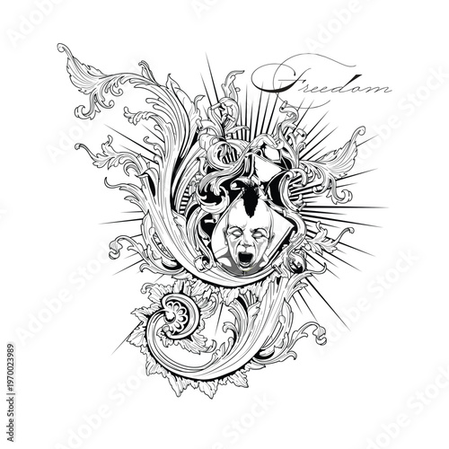 Hand Drawn Punk Rock Rebel Screaming with Ornate Floral Swirls and Freedom Calligraphy Vector Illustration