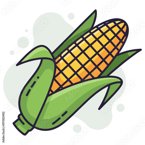 Ear of corn with husk partially peeled on white backdrop illustration. non editable strokes