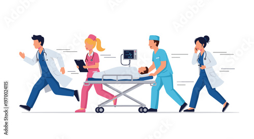 Four diverse medical professionals are rushing a patient on a gurney with a monitor across a plain white background.