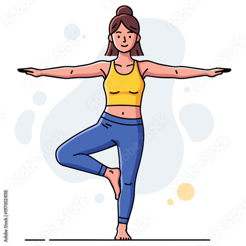 Woman balancing in tree pose during yoga practice on mat indoors. non editable strokes