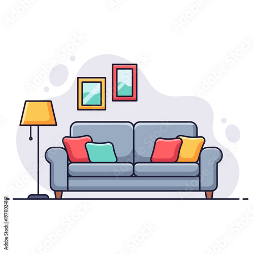 Sofa with colorful cushions placed in living room interior. non editable strokes