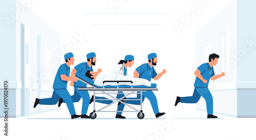 Five male medical professionals are urgently pushing a patient on a gurney down a white hospital corridor.