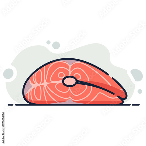 Fresh salmon fillet displayed raw on kitchen counter surface. non editable strokes