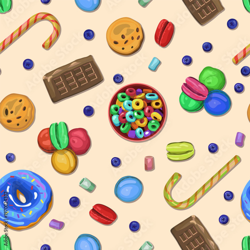 Trendy seamless candy and sweets pattern, colorful donuts, chocolate bars, macarons, cookies, and candy canes. Perfect for confectionery packaging, bakery designs, illustration isolated on background