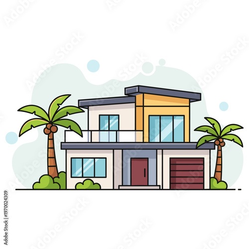 Modern two story house with palm trees and landscaped yard. non editable strokes