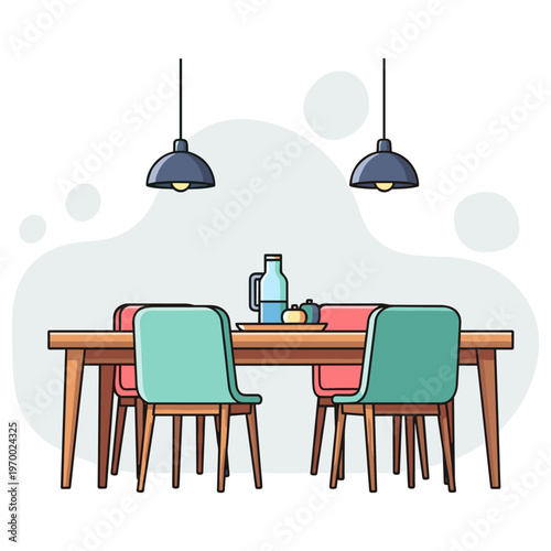 Dining table set with chairs and pendant lights in interior. non editable strokes