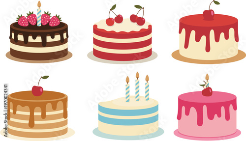 Colorful cartoon cake set with strawberry cherry icing drip birthday desserts illustration collection for bakery menu design sweet celebration