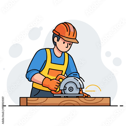 Construction worker cutting wood on workbench in workshop. non editable strokes