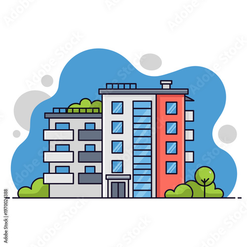 Apartment building facade with balconies in urban setting. non editable strokes