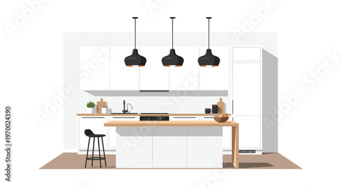 A contemporary kitchen interior features a central island with a wooden top and three black pendant lights.