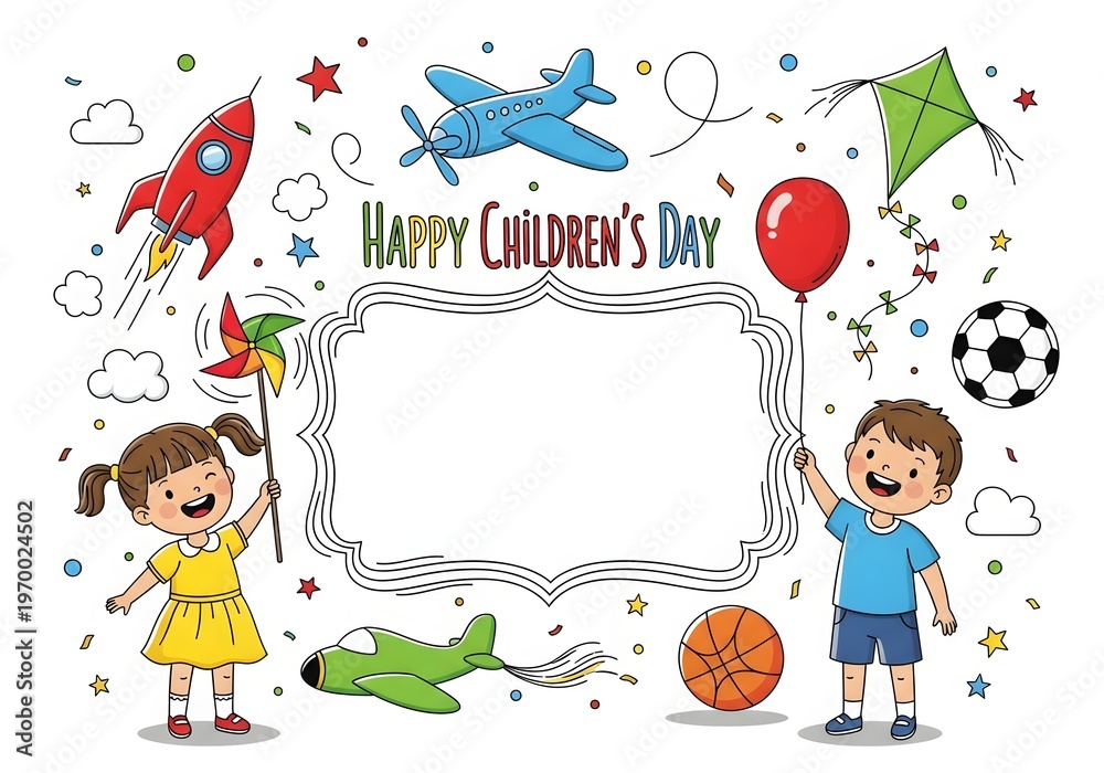 Fototapeta premium A colorful illustration celebrating Children's Day with happy kids and toys