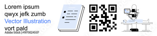 Digital transformation, robotics, healthcare automation, telemedicine, technology integration, coding. a QR code, document and robotic surgery setup. Digital transformation and robotics concept
