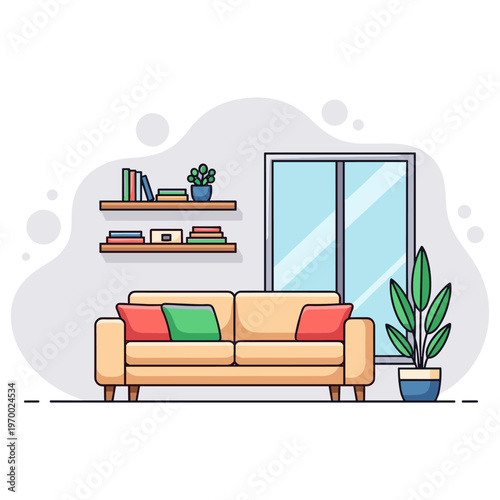 Sofa with cushions near window in modern living room. non editable strokes
