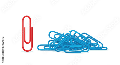A prominent red paperclip stands upright beside a large, scattered pile of blue paperclips on a white background.