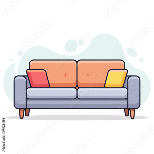 Sofa with colorful cushions placed in simple living room. non editable strokes
