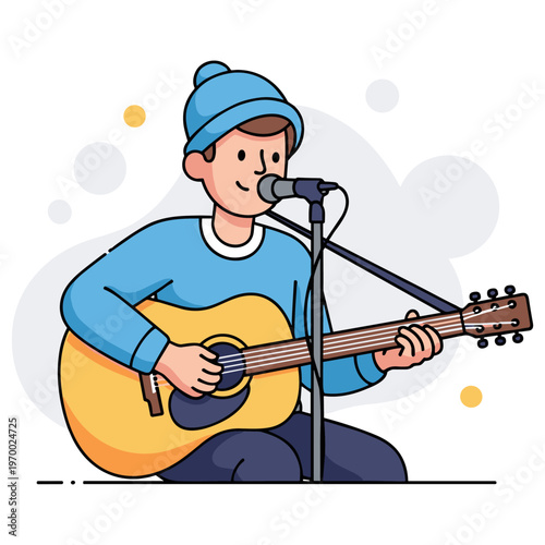 Male musician playing acoustic guitar while singing in studio. non editable strokes