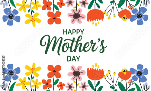 Happy Mother's Day floral greeting card with colorful watercolor flowers and elegant handwritten text on white background