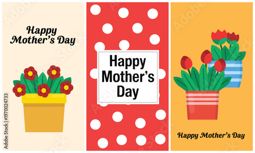 Happy Mother's Day floral greeting card with potted plants and polka dots background vector illustration