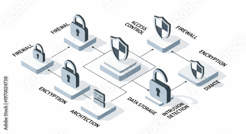 Network security concept with padlocks and shields.