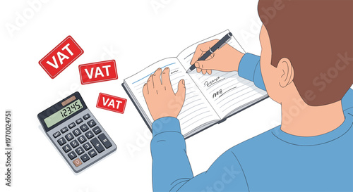 A person's hands are writing in a notebook next to a calculator and floating VAT labels from an overhead perspective.