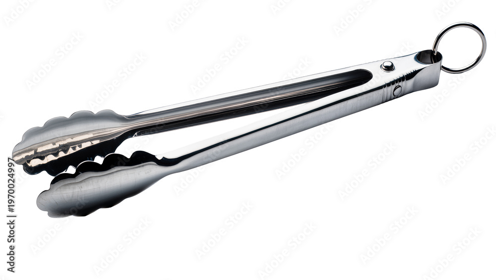 Obraz premium Sleek stainless steel grilling tongs, featuring serrated tips and a looped handle