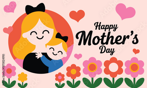 Happy Mother's Day illustration with smiling mom and baby in floral heart frame, pastel colors, greeting card design
