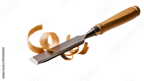 Photos Wooden handled chisel with sharp steel blade, surrounded by curled wood shavings