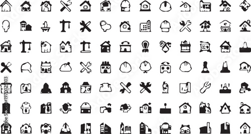 Set of 100 black and white construction and home building vector icons