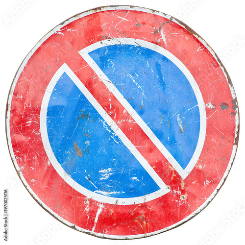 NO PARKING SIGN WITH SCRATCHED METAL SURFACE ISOLATED ON WHITE - TRAFFIC SIGN SYMBOL SHOWING PROHIBITION AND RESTRICTION FOR VEHICLES, URBAN ROAD SAFETY WARNING AND TRANSPORT REGULATION CONCEPT