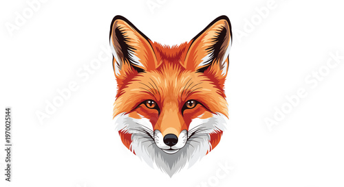A stylized illustration of a fox's head with orange and white fur faces forward on a white background.