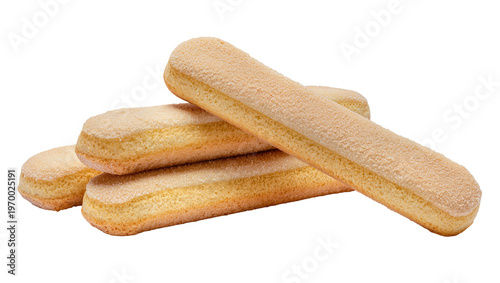 Fotografie Stacked golden brown ladyfinger biscuits arranged diagonally, showing textured s