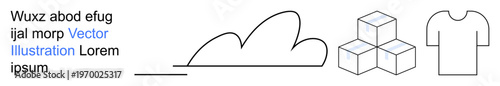 Cloud storage, fashion design, retail, iconography, product packaging, digital illustration. Minimalist cloud, three stacked cubes and a T-shirt outline in line art. Cloud storage and fashion design