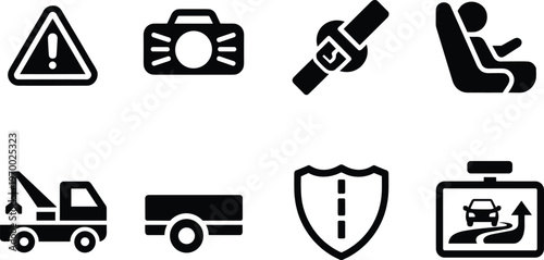 Car safety and driving icon set vector illustration including warning camera seatbelt towing trailer shield and navigation symbols collection