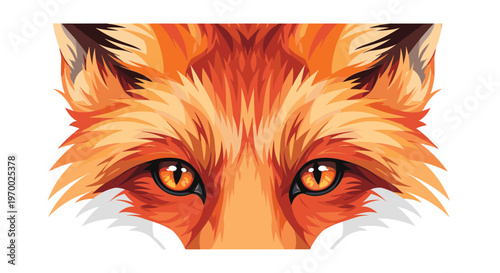 A stylized close-up illustration features the intense amber eyes and orange fur of a fox on a white background.