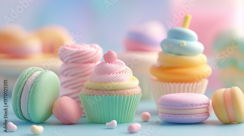 画面いっぱいに広がるパステルカラーのスイーツとマカロンのお菓子背景イメージ