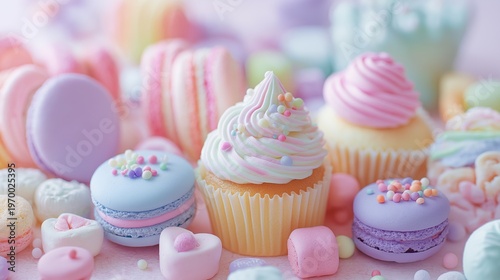 色とりどりのパステルスイーツとキャンディが並ぶ華やかなお菓子の背景素材