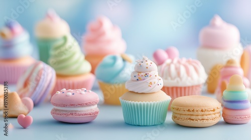 マカロン・ドーナツ・カップケーキが詰まったパステルカラーのスイーツアソート
