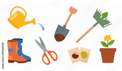 Colorful gardening tools vector collection with playful flat equipment and plant care elements isolated on white background