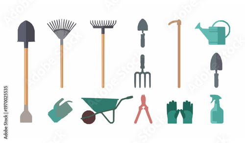 Flat garden tools vector set with modern gardening equipment collection isolated on white background